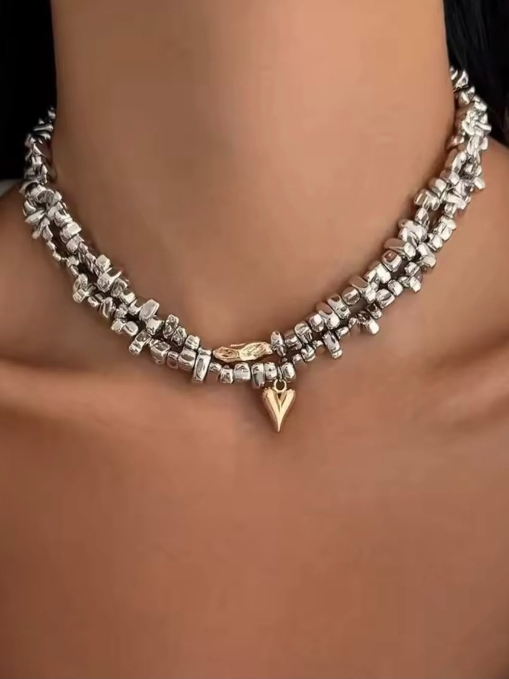 Elegant Two-Tone Beaded Choker Necklace with Gold Heart Charm - Picture 6 of 7